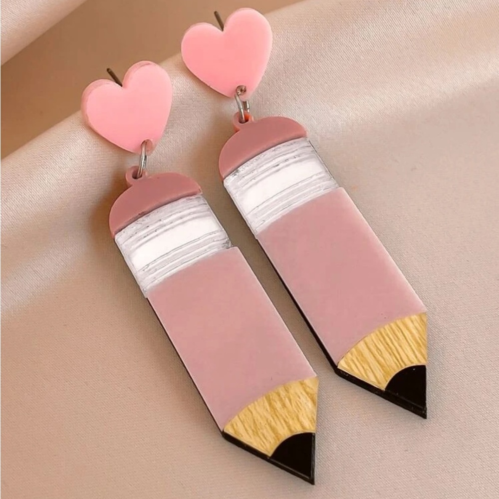 Pink Heart Pencil Earrings Teacher Gift